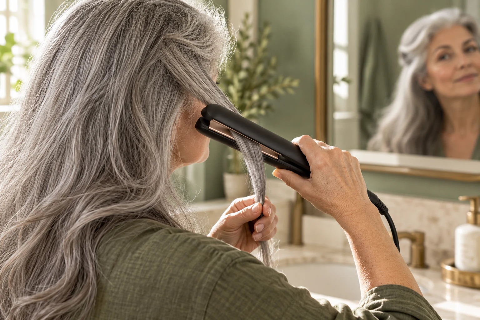 A mature woman holds a flat iron around a section of dry gray hair