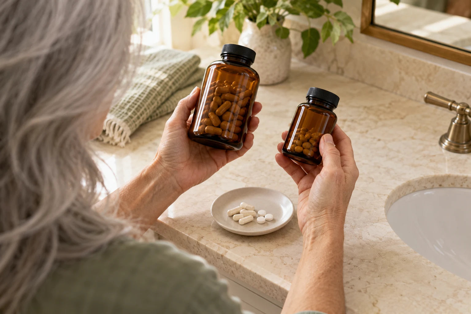 A woman compares two unbranded supplement bottles at a vanity