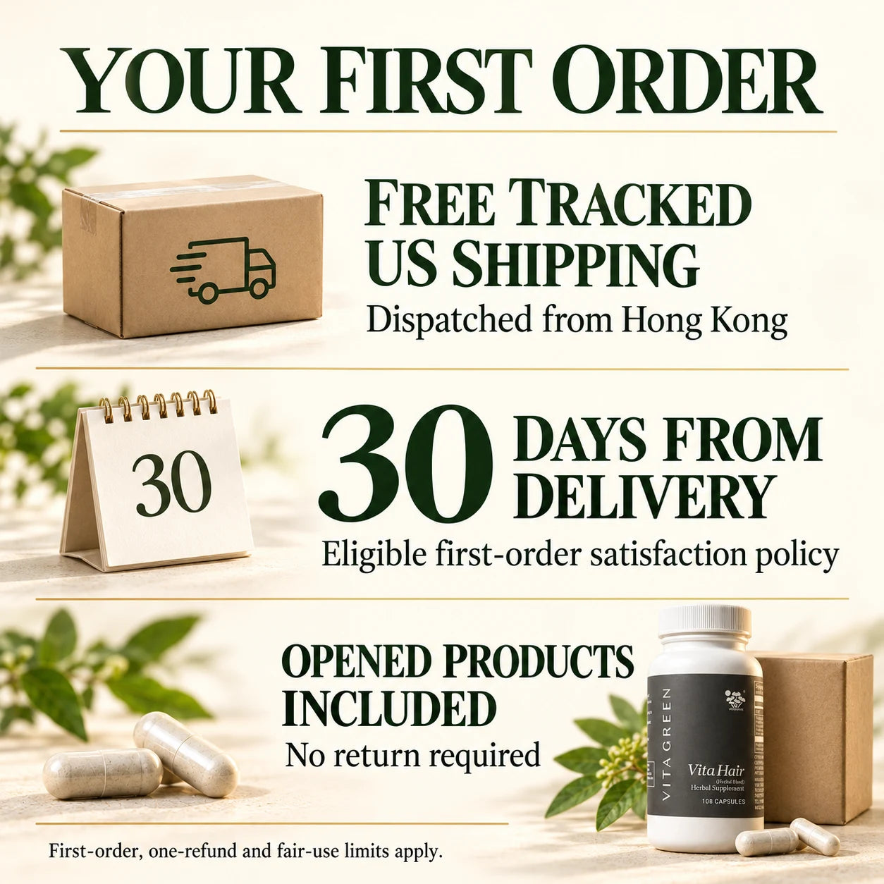 First-order guide: free tracked US shipping from Hong Kong; eligible 30-day satisfaction policy from delivery; opened products included; no return required